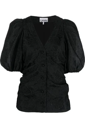 Ganni Puff-sleeve jacquard blouse