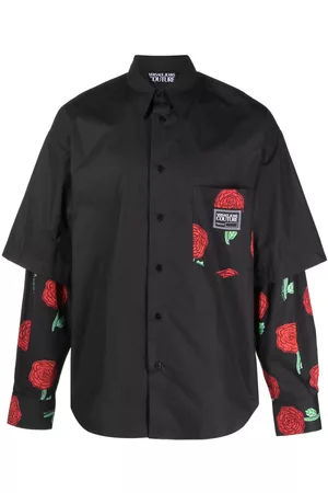 VERSACE Homem Camisa Formal - Rose-print overlay cotton shirt