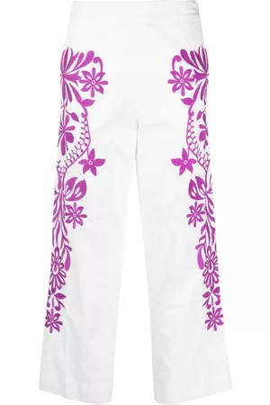 Maje Mulher Calças Estampadas - Floral-embroidered cropped trousers