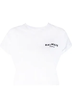 Balmain Flocked-logo cropped T-shirt