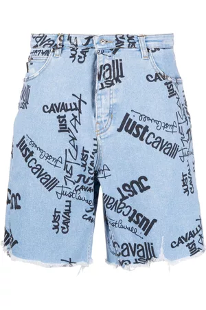 Roberto Cavalli Homem Calções - Logo-print washed-denim shorts