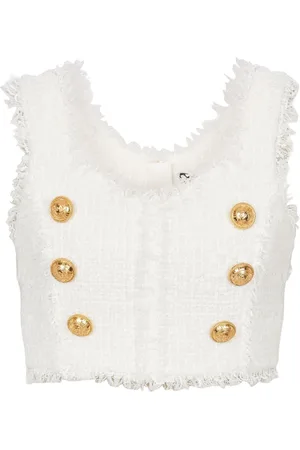 Balmain Button-detail tweed cropped top