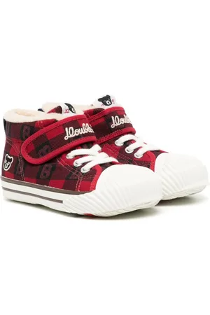 Miki House Embroidered-logo tartan check-print sneakers