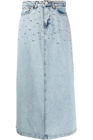 Ana Radu Crystal-embellished washed denim midi skirt