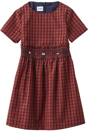 Familiar Checked smocking-detail midi dress