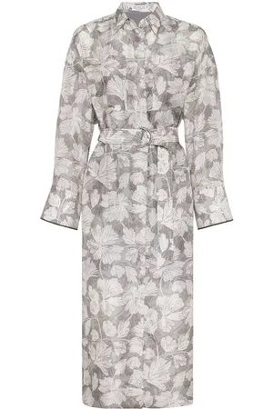 Brunello Cucinelli Leaf-print belted midi dress
