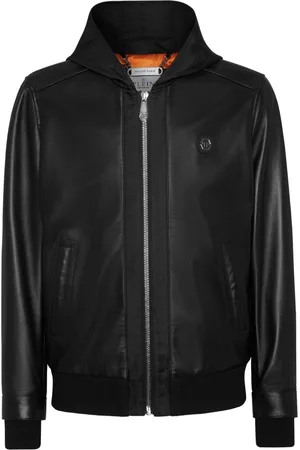 Philipp Plein Leather and satin hooded bomber jacket