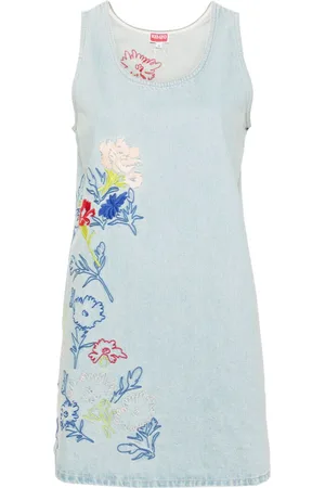 Kenzo Drawn Flowers-embroidered denim dress