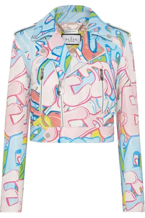 Philipp Plein Graffiti-logo cropped leather biker jacket