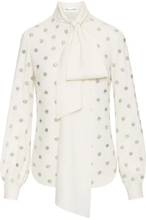 Oscar de la Renta Crystal-embellished tie-neck blouse