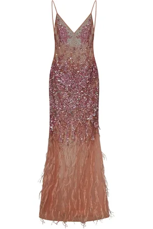 ROOM76 Sequin-feather embellished v-neck dress