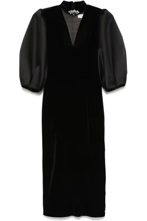 NISSA Velvet puff-sleeve midi dress