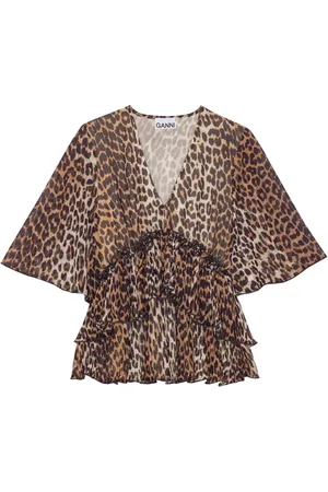 Ganni Leopard-print V-neck pleated blouse