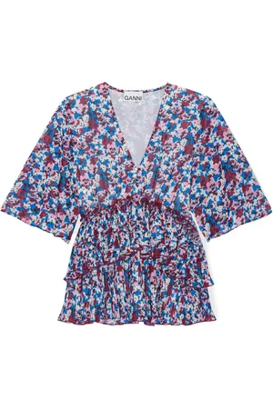 Ganni Floral-print V-neck pleated blouse