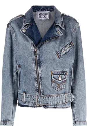 Moschino Crystal-embellished denim biker jacket