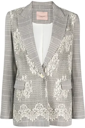 Twin-Set Glen plaid-check lace-appliqu?? blazer