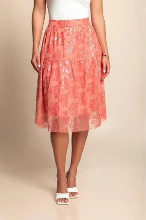 Fenzy Saia Midi Com Estampa Floral, Coral