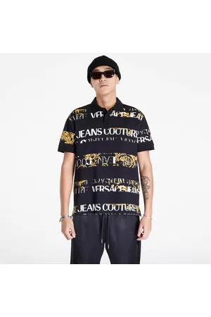 VERSACE R Print Stripes Logo B Polo T-Shirt / Gold