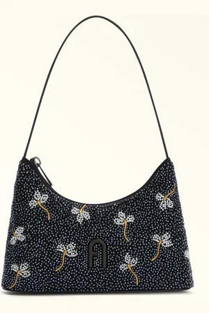 Furla Diamante Mala De Ombro Mini Toni Nero Tecido Com Flores Bordadas