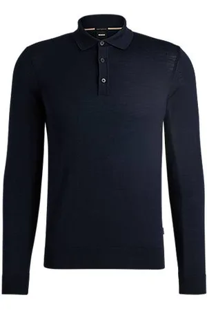 HUGO BOSS Polo de malha de manga comprida em lã virgem italiana