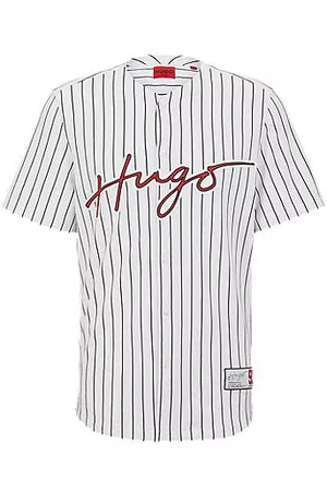 HUGO BOSS Relaxed-fit collarless shirt in striped cotton with logo