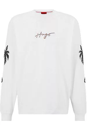 HUGO BOSS Homem T shirts de manga comprida - Cotton-jersey T-shirt with palm-tree artwork and branding