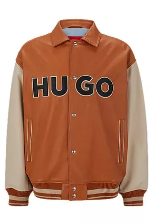HUGO BOSS Colour-blocked logo varsity jacket in leather