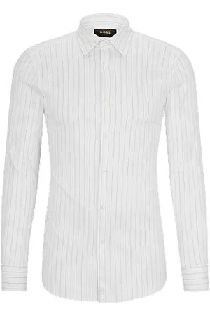 HUGO BOSS Homem Camisa Formal - Camisa de ajuste slim em sarja de algodão elástica com riscas de giz