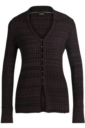 HUGO BOSS Cardigan de gola em V em tecido elástico canelado com colarinho