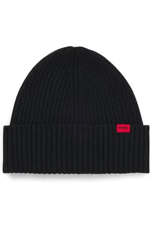 HUGO BOSS Gorro canelado em lã virgem com etiqueta de logótipo