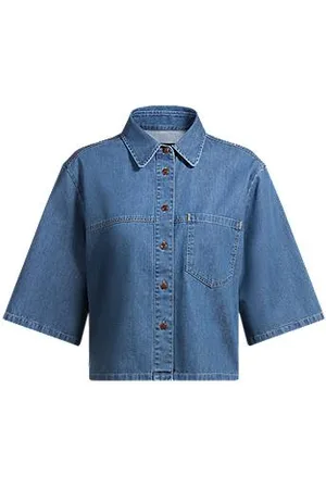 HUGO BOSS Blusa de ajuste descontraído, em ganga selvedge azul
