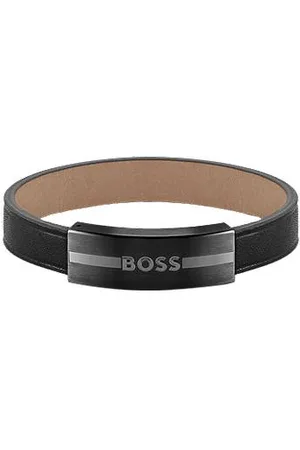 HUGO BOSS Pulseira em pele com placa de logótipo preenchida com esmalte