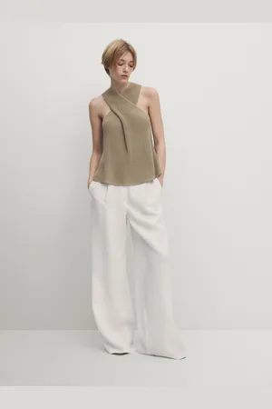 Massimo Dutti Calças De Perna Larga Com Pregas E Fivela Na Cintura