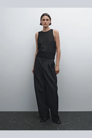 Massimo Dutti Calças Wide Leg Com Pregas Em Mistura De Algodão