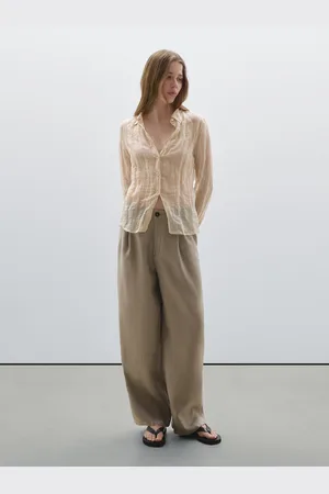 Massimo Dutti Calças Wide De Cintura Média 100% Linho