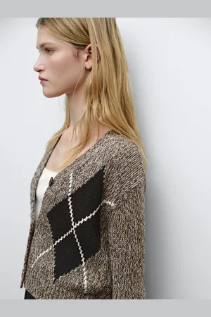 Massimo Dutti Cardigan Curto De Malha Com Losangos Em Algodão