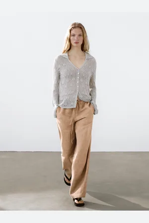Massimo Dutti Calças De Fato Com Pormenor Desfiado Em Linho