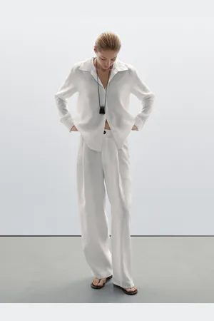 Massimo Dutti Calças Wide De Cintura Média 100% Linho