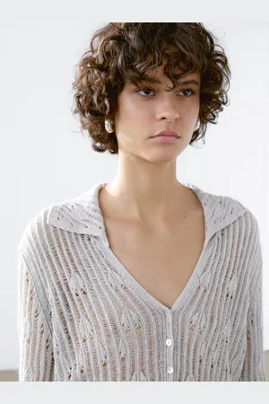 Massimo Dutti Cardigan De Malha Rendilhada Com Gola De Polo