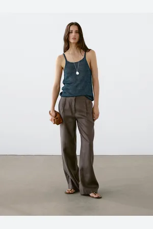 Massimo Dutti Calças Wide Fit Com Elástico 100% Linho