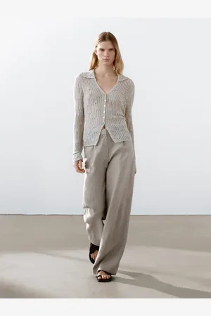 Massimo Dutti Calças Wide Leg Riscas Finas Linho
