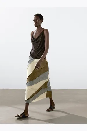 Massimo Dutti Saia Midi Com Patchwork 100% Linho