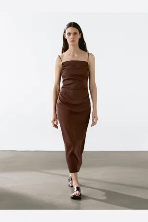 Massimo Dutti Vestido Midi Com Franzidos Em Mistura De Linho