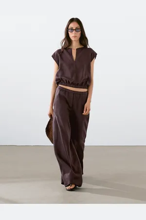 Massimo Dutti Blusa Com Pormenor De Elástico Em Baixo De Linho