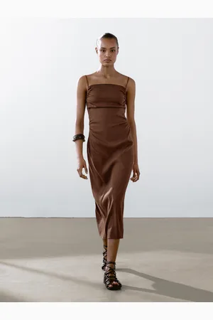 Massimo Dutti Vestido Midi Com Franzidos Em Mistura De Linho