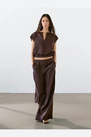 Massimo Dutti Calças Direitas Com Cintura Elástica Em Linho