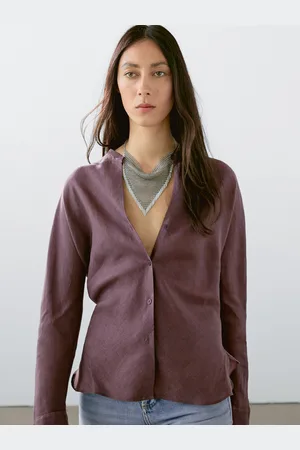 Massimo Dutti Camisa Fluida Com Gola De Tira Em Linho