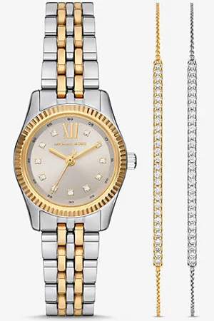 Michael Kors MKConjunto de relógio e pulseira com fecho deslizante Lexington prateados com incrustações -