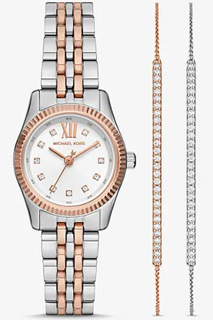 Michael Kors MKConjunto de relógio e pulseira com fecho deslizante Lexington prateados com incrustações -