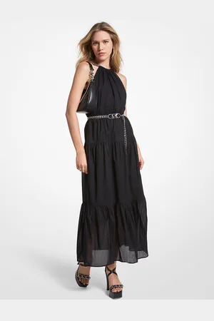 Michael Kors MKVestido midi em tela de algodão com decote halter e corrente -